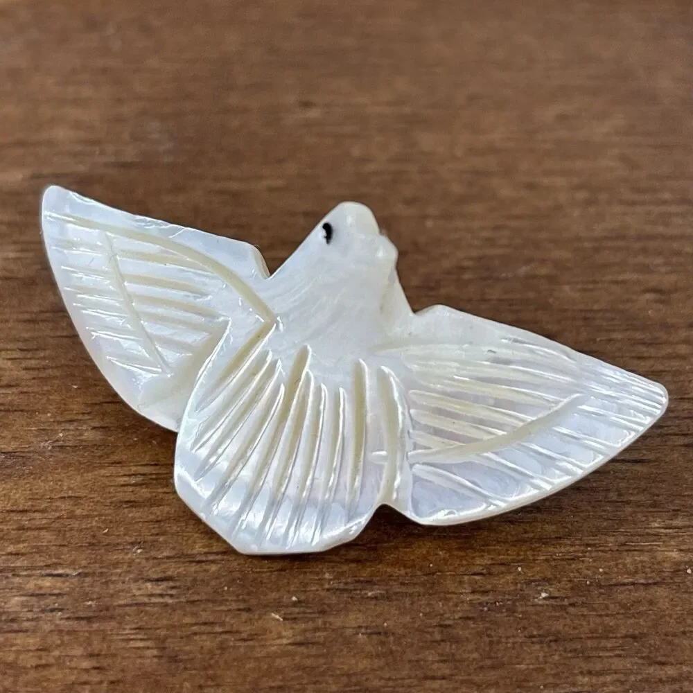 Vintage Signed Bethlehem Carved Mother of Pearl Dove Peace Bird Brooch 1950's